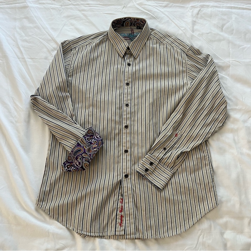 ROBERT GRAHAM BUTTON UP FLIP CUFF STIPED DRESS SHIRT  PURPLE PAISLEY CUFFS LARGE